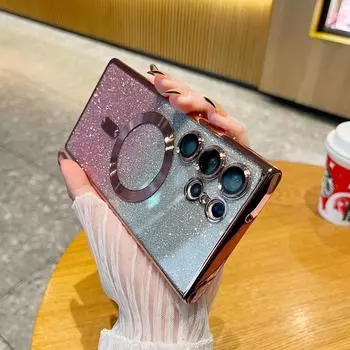 Роскошный блестящий чехол с беспроводной зарядкой для Samsung Galaxy S24 S23 S22 S21 Ultra Plus, магнитный чехол MagSafe Allround, чехол для камеры, чехол For For Galaxy S21 чёрный