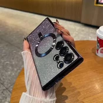 Роскошный блестящий чехол с беспроводной зарядкой для Samsung Galaxy S24 S23 S22 S21 Ultra Plus, магнитный чехол MagSafe Allround, чехол для камеры, чехол For For Galaxy S21 чёрный