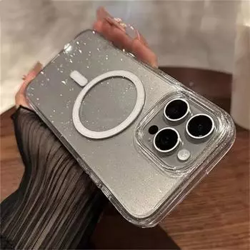 Роскошный блестящий чехол с блестками для беспроводной зарядки Magsafe, магнитный чехол для iPhone 16, 15, 14 Plus, 13, 12, 11 Pro Max, прозрачный, жесткий, акриловый чехол iPhone 16 Pro Max чёрный