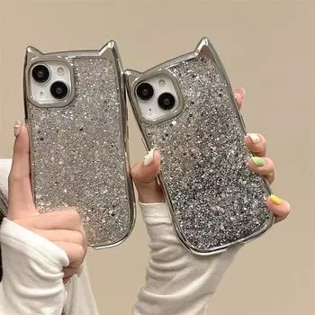 Роскошный блестящий чехол с гальваническим безелем с кошачьими ушками для iPhone 15 Pro Max 14 13 12 Pro 11, универсальный защитный чехол из ТПУ от падения iPhone 15 Pro Max
