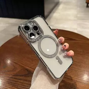 Роскошный блестящий магнитный прозрачный чехол для iPhone 15 Pro Max 14 13 12 11, алмазный бампер с беспроводной зарядкой, мягкий чехол из ТПУ iPhone 11 Pro Max синий