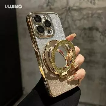 Роскошный блестящий зеркальный чехол-подставка для iPhone 16 15 14 13 12 Pro Max 11 X Xr XsMax 7 8 Plus с кронштейном и градиентным покрытием для макияжа for iPhone 16 Plus чёрный