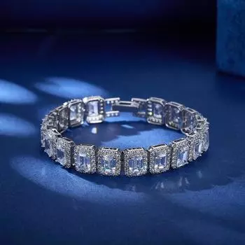 Роскошный браслет для женщин длиной 17 см с зеленым изумрудом и белым цирконием, покрытым родием белый