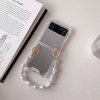 Роскошный браслет на запястье с жемчугом, зеркальный чехол для макияжа с цепочкой для Samsung Galaxy Z Flip 5 3 5G Z Flip3 Flip4 Zflip3, противоударный чехол Samsung Z flip 3 серебряный