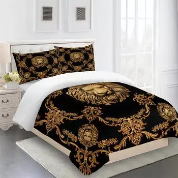 Роскошный бренд Lion Black Design Baroque King Queen Twin Полный комплект постельного белья Односпальная двуспальная кровать Комплект пододеяльников и 2 наволочки 135x200 cm
