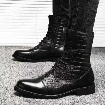 Роскошный бренд зимней моды для мужчин высокого качества в британском стиле на шнуровке длинные ботинки-трубы мужские меховые ретро натуральная кожа моторизованные ботинки 35 чёрный