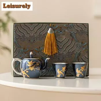 Роскошный чайный сервиз с перламутровой глазурью и цветами и птицами, полный комплект из позолоченного серебра 999 пробы, набор для чайной церемонии в стиле дзен, чайник и чайная чашка для чайного сервиза