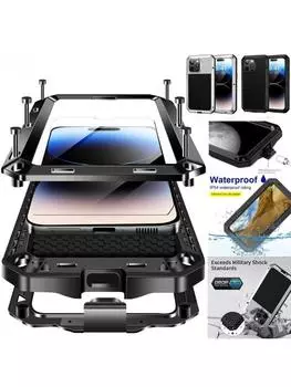 Роскошный чехол 3 в 1 для iPhone 16 15 Pro Max 14 13 11 12 Pro Xs Max Xr X 7 8 алюминиевый спортивный противоударный защитный чехол повышенной прочности + стекло экрана For iPhone 7 8&Case & Strap чёрный