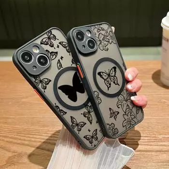 Роскошный чехол-бампер с магнитным рисунком бабочки для Samsung S24 S23 S22 Ultra S21 FE iPhone 15 Pro Max 14 13 12 Mini 11 Pro 8 7 противоударный чехол для телефона iPhone 15 чёрный