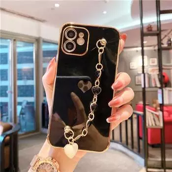 Роскошный чехол-браслет с покрытием для iPhone 14 13 11 Pro Max XR XS 7 8 Plus SE2 SE3 12Mini Love Heart, бампер с цепочкой на запястье For iPhone 12 Mini