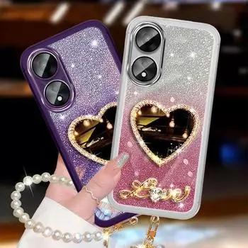 Роскошный чехол-браслет с жемчугом для OPPO A58 Realme 11 4G Reno11 7 10 Pro 7Z 8 Lite 5G A12 A5S зеркальный чехол блестящий блестящий чехол A58 5G&Case & Strap бежевый