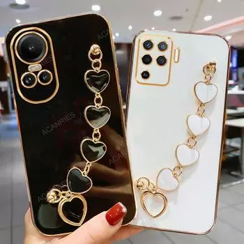 Роскошный чехол-цепочка с браслетом в виде сердца для Oppo Reno 10 9 8 7 6 5 Lite Pro, задняя крышка для Reno10 Reno8 Reno7 Reno6 Reno5 Reno 10