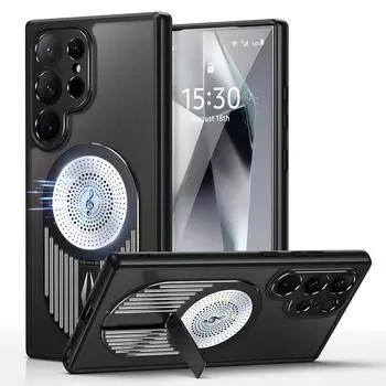 Роскошный чехол для ароматерапии с рассеиванием тепла для Samsung Galaxy S24 S23 S22 Ultra Magsafe Magnetic Wireless Charge Metal Stand Cooling Cover For Samsung S24 Ultra чёрный