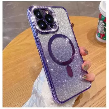 Роскошный чехол для беспроводной зарядки Magsafe для Iphone 11 12 13 14 Pro Max с бриллиантами, прозрачный силиконовый противоударный чехол for iphone 11 pro розовый