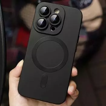 Роскошный чехол для беспроводной зарядки Magsafe для iPhone 16 15 14 13 12 11 Pro Max Plus, магнитный защитный чехол для объектива, противоударный матовый чехол For iPhone 15 Pro Max чёрный