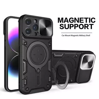 Роскошный чехол для iPhone 15 14 13 12 11 Pro Max XS XR 8 7 Plus Camera Slide Военная защита класса Armor с поворотом на 360 градусов Armo For iPhone 15 ProMax чёрный