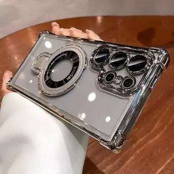 Роскошный чехол для Samsung Galaxy S25 S24 Ultra S23 S22 S21 Plus с беспроводной зарядкой для Magsafe Ring Bracket Прозрачный магнитный бампер For Samsung S24 Ultra чёрный