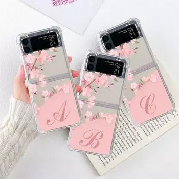 Роскошный чехол для Samsung Galaxy Z Flip 3 4 5G Funda Z Flip3 Clear PC Hard Phone Coque Flower Letter Pink ABC Fashion Initial Samsung Z Flip 3 5G