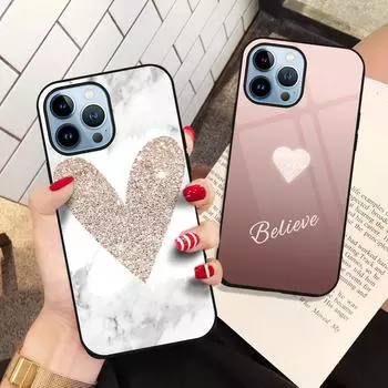 Роскошный чехол для телефона Iphone 14 13 11 12 Pro Max Mini Xs Xr X 7 8 6s Plus Se 2022, задняя крышка из закаленного стекла с сердечком любви For iPhone 13 Pro