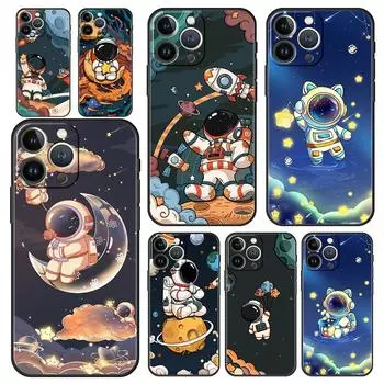 Роскошный чехол для телефона iPhone 15 14 11 Pro Max 13 12 XS X XR SE3 7 8 Plus черный милый мультяшный астронавт защитный чехол Funda iPhone 15 Pro