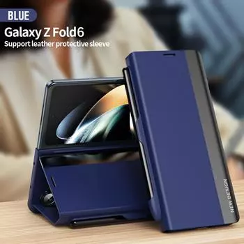 Роскошный чехол для телефона из искусственной кожи для Samsung Galaxy Z Fold 6 5 4 3, чехол с функцией кронштейна, полная защита с сенсорной ручкой For Galaxy Z Fold 6 чёрный