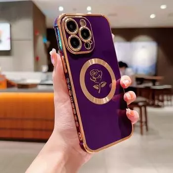 Роскошный чехол для телефона Magsafe с беспроводной зарядкой и цветком розы для iPhone 11 12 13 14 15 Pro Max Plus, мягкий магнитный бампер, силиконовый чехол For iPhone 14Plus
