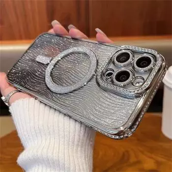 Роскошный чехол для телефона Magsafe с глянцевым покрытием Flash Rhinestone Glitter для iPhone 11 12 13 14 15 16 Pro Max, бампер для 16 15 14 Plus iPhone 11 чёрный