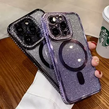 Роскошный чехол для телефона Magsafe с магнитной зарядкой и бриллиантами для iPhone 11 12 13 14 Pro Max Plus, прозрачный блестящий чехол со вспышкой, капа For iPhone 14 темно-фиолетового
