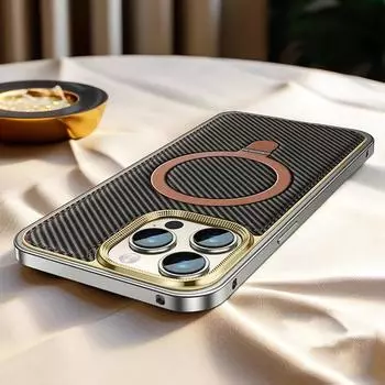 Роскошный чехол для телефона MagSafe с магнитной беспроводной зарядкой для iPhone 16 15 14 Pro Max из углеродного волокна с текстурой из кожи и металлическим каркасом For iPhone 16 Pro Max чёрный