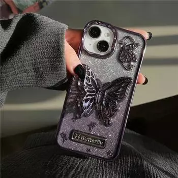 Роскошный чехол для телефона с 3D-бабочкой и блестками для iPhone 15, 14, 13, 12, 11 Pro Max 15 Pro, держатель-подставка, мягкий чехол из ТПУ iPhone 15 Pro Max чёрный