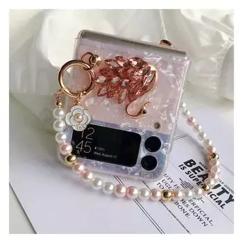 Роскошный чехол для телефона с 3d стразами и лебедем в виде раковины для Samsung Galaxy Z Flip 3 4 5g, задняя крышка с жемчужным браслетом For Samsung Z Flip 4