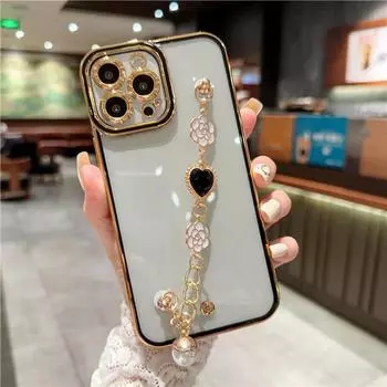 Роскошный чехол для телефона с бриллиантовым жемчугом и цветочным браслетом для iPhone 11 12 13Mini 14 Pro Max X XR XS 7 8 Plus SE с ремешком-цепочкой For iPhone 11