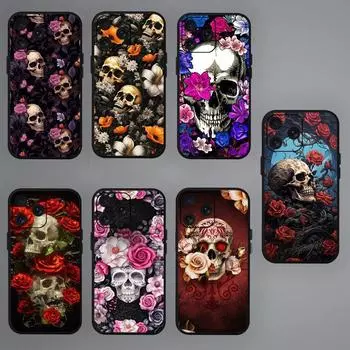 Роскошный чехол для телефона с черепом и мертвыми цветами для iPhone Mini 11 12 13 14 15 Pro XS Max X Plus SE XR, черный мягкий корпус iPhone14Pro
