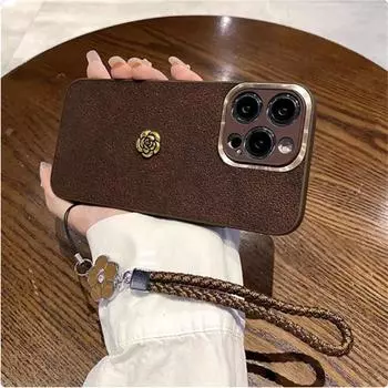 Роскошный чехол для телефона с кожаным ремешком «Лунный кратер» и 3D камелией для iPhone 15 14 13 12 11 Pro Max Plus + X XS XR, устойчивый к осенней грязи iPhone 15 Pro Max чёрный