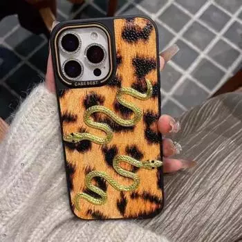 Роскошный чехол для телефона с леопардовым принтом и кожей змеи для iPhone 13 14 15 16 Pro Max Plus, кожаный противоударный чехол iPhone 13 коричневый