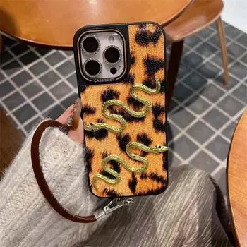 Роскошный чехол для телефона с леопардовым принтом и браслетом в виде змеи для iPhone 13 14 15 16 Pro Max Plus, противоударный кожаный чехол-бампер iPhone 13 коричневый