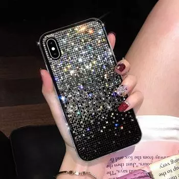 Роскошный чехол для телефона с плавным переходом, полностью инкрустированный сверкающими бриллиантами, для iPhone 16 15 14 13 12 Pro Max XR AVE X чёрный