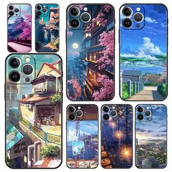 Роскошный чехол для телефона с японским аниме пейзажем для iPhone 13 15 14 12 11 Pro MAX XR X SE XS 7 8 Plus, черный силиконовый защитный чехол iPhone XR