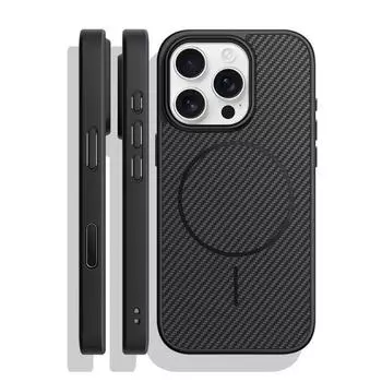 Роскошный чехол для телефона с текстурой углеродного волокна MagSafe для iPhone 16 15 14 13 Pro Max Plus, беспроводная зарядка, сплав, защита объектива, противоударный чехол iPhone 13 чёрный