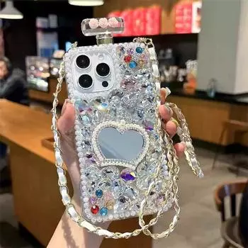 Роскошный чехол для телефона с зеркалом в виде флакона духов с бриллиантовой короной и ремешком для iPhone 16 15 14 13 12 11 Pro Max, противоударный чехол iPhone 11