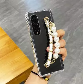 Роскошный чехол для телефона с жемчужным браслетом и цепочкой для Samsung Galaxy Z Fold 2, прозрачный противоударный чехол Z Fold 3 4, чехол Fundas For Z Fold 2