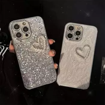 Роскошный чехол для телефона с жемчужным сердцем и бриллиантами для iPhone 15 14 13 12 11 Pro Max гальванический противоударный чехол для iPhone 15 14 13 12 11 iPhone 11 белый