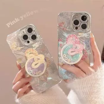 Роскошный чехол для телефона в китайском новогоднем стиле с изображением летящего облака и змеи в виде тотема для iPhone 16 15 14 13 12 11 Pro Max, защитный блестящий чехол для объектива iPhone 16 Pro Max розовый