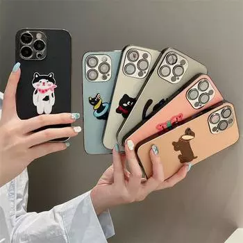 Роскошный чехол из гальванической кожи с принтом мультяшного котенка для iPhone 15 Pro Max 14 13 12 Pro 11, универсальный защитный чехол от падения с пленкой для объектива iPhone 15 Pro Max белый