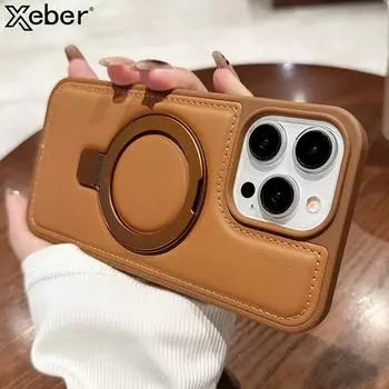 Роскошный чехол из искусственной кожи для Magsafe, чехол для телефона с беспроводной зарядкой для IPhone 15 Pro Max 12 13 14 15 Plus с чехлом-держателем для кольца For iPhone 15&Case & Holder чёрный