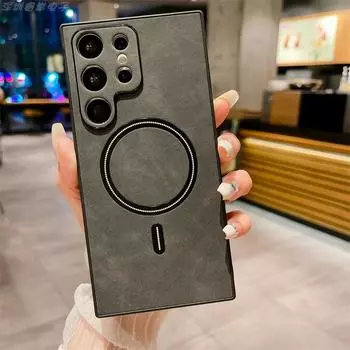 Роскошный чехол из искусственной кожи с магнитным креплением для беспроводного зарядного устройства Magsafe для Samsung Galaxy S24 S23 Ultra S22 S21 Plus 5G с полной защитой S22 Plus красный