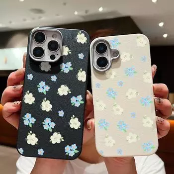 Роскошный чехол из кожи с текстурой синего цвета и узором в виде маленького цветка для iPhone 16, 15, Pro, 14, Plus, 13, 12, 11, Pro Max, Xs, Max, Xr, 8, 7 Plus, противоударный, мягкий, тонкий чехол из ТПУ iPhone 16 чёрный