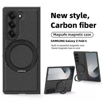 Роскошный чехол из углеродного волокна с текстурой для телефона Samsung Galaxy Z Fold6 Fold5 Fold4 Fold3 с беспроводной зарядкой, противоударный магнитный держатель, 2 шт., складной чехол Samsung Z Fold6 чёрный