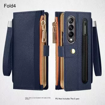 Роскошный чехол-кошелек на молнии с ремешком для телефона для Samsung Galaxy Z Fold 4 Fold5 5G Защитная пленка для экрана Crad Slot Держатель для ручки Кожаный чехол Galaxy Z Fold4 коричневый