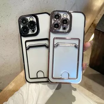 Роскошный чехол-кошелек с гальваническим покрытием Angel Eye для карточек iPhone Samsung Precision Hole Camera Protection Case для телефона Прозрачный чехол из ТПУ Samsung S25 Ultra чёрный